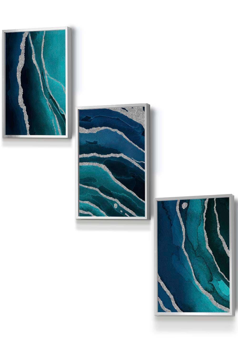Abstract Teal Blue Silver Strokes Framed Wall Art - Small
